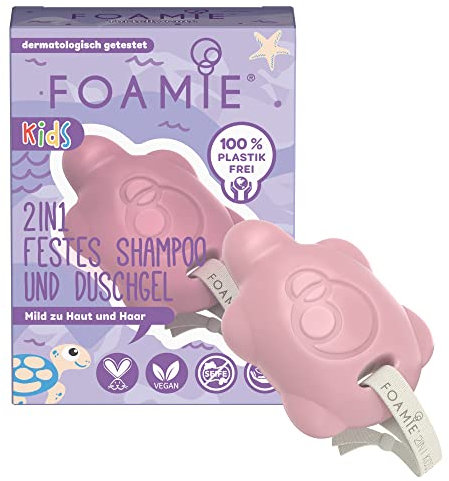Foamie 2in1 Festes Shampoo & Duschgel Kinder, Shampoo Mädchen mit Bio-Mandelöl und Pfirsich für bessere Kämmbarkeit, Mild zu Haut und Haar, 100% Vegan, Plastikfrei, 80g