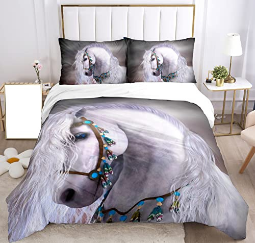SHUAIG Juego de ropa de cama con funda de edredón y funda de edredón para niños, diseño de caballo gris, 135 x 200 cm