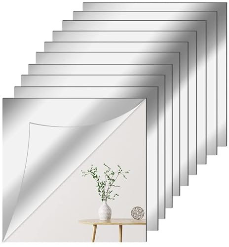 Newpop 10 Stück Spiegelfolie Wandspiegel 20 X 20 cm, Flexibler Spiegelfliesen Selbstklebend Wandaufkleber, Acrylic DIY Dekorative Selbstklebende Spiegel Wand, Wanddekoration Dekospiegel für Küche, Bad