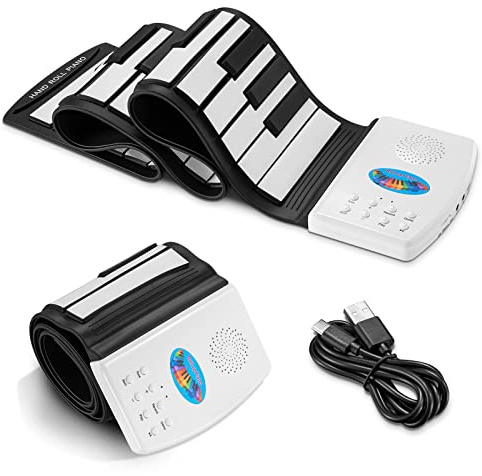 POGOLAB 49 Tasten Rollpiano, Digitales Piano Keyboard mit 47 Tönen, 14 Demo, 128 Reimen, Mikrofon-Kopfhöreranschluss, tragbares, wiederaufladbares mini keyboard piano e klavier für Anfänger