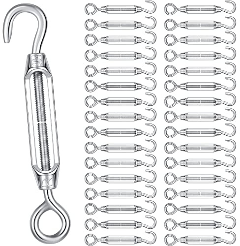 Hicarer 32 Pieces 4mm Hook and Eye Turnbuckle for Cable Wire Rope Tension, 304 Stainless Steel Turnbuckle Cable Tensioner Cable Tightener Wire Tightener for DIY String Light Picture Hanging Tent Rope