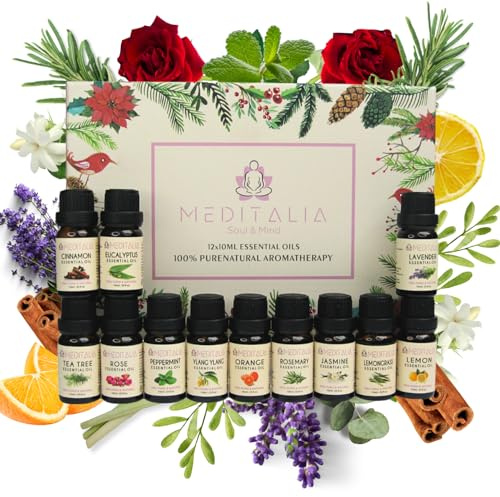 Juego de Aceites Esenciales 12x10ml - 100% NATURALES - MEDITALIA - Lavanda, Jazmin, Limón, Lemongrass, Árbol de Té, Rosa, Naranja, Eucalipto, Menta Piperita, Canela - Set regalo
