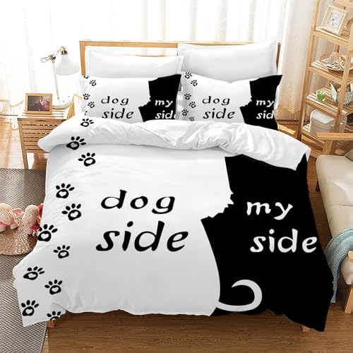 Gegeryozer Dog Side and My Side Set di biancheria da letto 220 x 240 cm, motivo romantico nero e bianco, 1 copripiumino in microfibra e 2 federe da 50 x 75 cm (Dog 1, 220 x 240 cm)