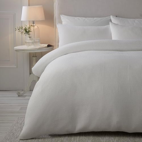 Serene White Waffle Duvet Cover – Single Size 140x200cm – Soft Touch Textured Bedding – Grid Pattern – Puckered Waffle Design – Luxury White Bed Linen – Lindly Collection – Easy Care