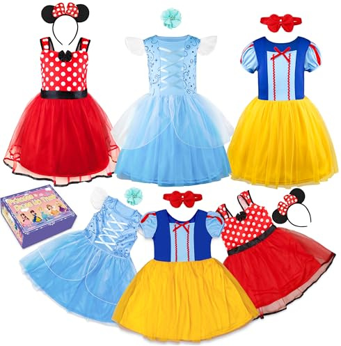 AlecosFun Princess Dress Up Costume for Toddler Girls, 6 Pcs Fancy Costumes Dresses Outfit Clothes Pack for Toddlers 3-4T