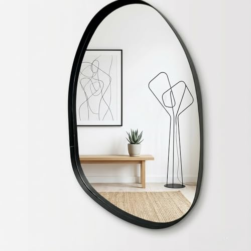 LIAMRA 70cm Large Pebble Mirror - Industrial Style Metal Frame Art Deco Wall Mirror