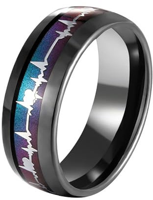 Skcess Ringe Männer, Wolfram Herren Ringe Schwarz Elektrokardiogramm 8Mm Ringe für Herren Männer Größe 45 (14.3)