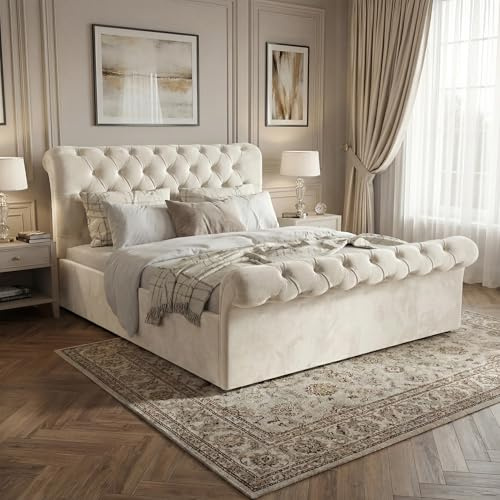 Blisswood Ottoman Storage Bed with Wooden Slats, Ottoman Storage Bed with Mattress Included, Velvet Double Bed Frame, Upholstered Gas Lift Up Frame (4ft6 Beige Double)