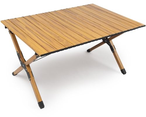 Whitsunday Folding Camping Table Aluminum Portable Roll-Up Picnic Table 4-6 Person for BBQ Backyard Patio Party Wood Grain 34.6 * 23.6 * 17.3