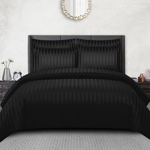 Pamposh Juego de funda de edredón de satén a rayas tamaño Super King, juego de ropa de cama de calidad de hotel, microfibra hipoalergénica y ultrasuave