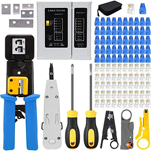 MAYLINE Strumenti Kit di Rete RJ45 Ethernet Pinza Crimpatrice, Cirmpatura 8P/6P- RJ12 RJ11 CAT5 CAT6 Manutenzione del Kit LAN Tester Spellafili (blu)