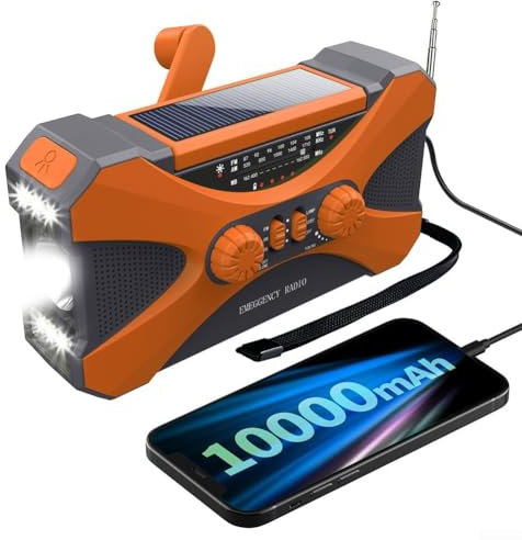 Radio solaire extérieure, radio portable à manivelle avec AM/FM, radio de survie avec puissance rechargeable de 10 000 mAh, radio lampe de poche LED, chargeur de téléphone portable USB (orange)