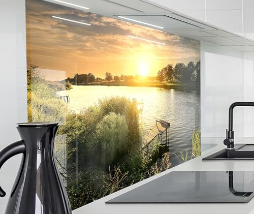 timalo Spritzschutz Wand für Herd, Küche Küchenrückwand Glasoptik | Acryl Glas 2mm | Glasrückwand Acrylglas Wandpaneele Rückwandschutz Platte | 60x40cm See Abend Wald