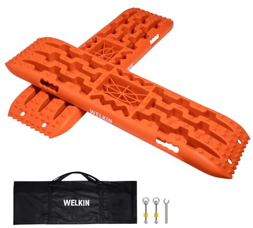WELKIN 10 TON Traction Boards, Recovery Tracks Mat for Off-Road Vehicles/SUVs/Cars/Jeeps, Tire Ladder on Sand, Mud, Ice & Snow, with Screws Set & Storage Bag (Orange)