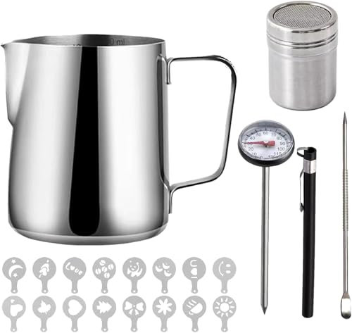 Milk Jug 600ml/21oz, Milk Frother Frothing Jug Stainless Steel with Thermometer Powder Shaker Coffee Art Pen,16pcs Coffee Stencils for Making Latte Cappuccino