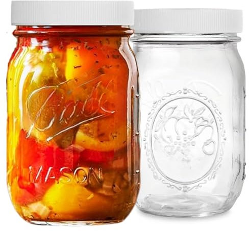 PR1M3 Regular Mouth Mason Jars 16 OZ – (2 Pack) Pint Size Jars with Airtight Lids and Bands & White Plastic Lids for Canning, Fermenting, Pickling, DIY Decors, Microwave & Dishwasher Safe.