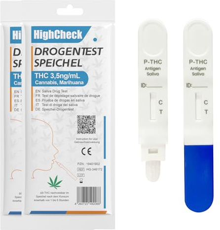 HighCheck 2 x Drogentest-Schnelltest THC-Speicheltest mit Hoher Sensitivität: 3,5ng/ml zur Nachweisung von Cannabis, Marihuana, Haschisch – Ideal für Verkehrskontrolle & Heimtest (2 Stück)