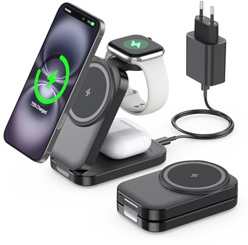 Ladestation kompatibel mit Apple Watch und iPhone,Super Tragbar Mag-S0fe Ladegerät für iPhone 16 15 14 13 12 Serie, 3 IN 1 Mag-S0fe Ladestation für Apple Watch AirPods Pro Serie (Schwarz)