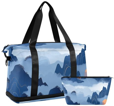 Reisetasche mit chinesischem Muster, Bergblau, große Reisetasche mit Nasstasche, verstellbarer Riemen, für Fitnessstudio, Handgepäck, Seesack zum Wandern, multifunktional, für Männer und Frauen