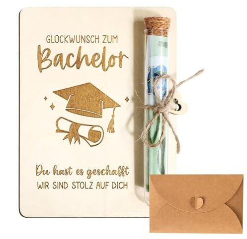 DOINEUFL Bachelor Geschenk - Verpackung für Geldgeschenke, Geldgeschenke Geburtstag Mit Umschlag und Reagenzglas - Holz Schulabschluss Geschenk