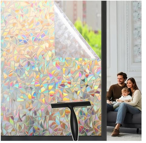 Film vitrage confidentialité, Décoratif Effet Arc-en-Ciel 3D, Statique sans Colle, Amovible, Protection UV, pour fenêtres intérieures (70 * 200cm)