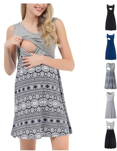 Generico Pigiama Premaman Donna Estivo per Allattamento, Camicia da Notte Senza Maniche per Parto Ospedale e Post Parto, Vestito in Cotone con Stampa