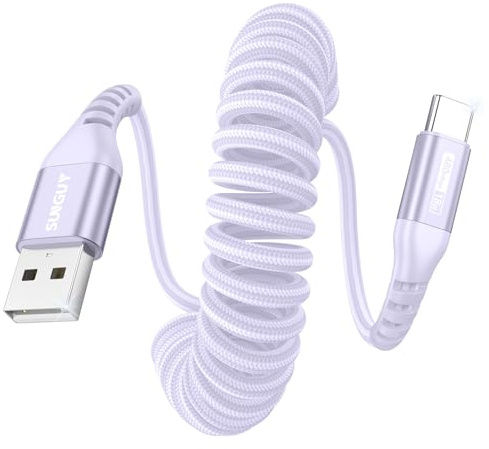 SUNGUY Cavo a Spirale USB C, 1Pezzi 1.5M [Lunghezza comoda: 0.4-1M] USB a USB-C e Cavo Dati per Android Auto, CarPlay, iPhone Serie 17/16/15, Galaxy S24 Ultra S23 FE, Google Pixel, Xiaomi - Viola