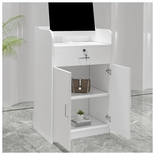 Bancone da ricevimento moderno e minimalista per negozi di abbigliamento, design compatto con cassetti con serratura e armadio hardware a doppia porta, paraspruzzi curvo per ingresso elegante