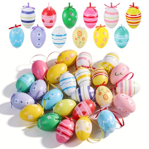 Starvortex 24 Piezas Huevos de Pascua Colgantes Impresos de Plástico, 6cm | Huevos para Decoración de Pascua, Adornos Colgantes para Árboles y Adornos para Cestas de Exterior, para la Caza de Huevo de
