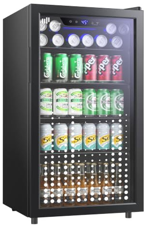 Upstreman Frigorífico de Bebidas 91 L, Mini Nevera con Puerta de Vidrio Doble, Iluminación LED, 4 Estantes Extraíbles, 0-15℃, para 126 Latas, Nevera Pequeña para Refrescos, Cerveza y Vino