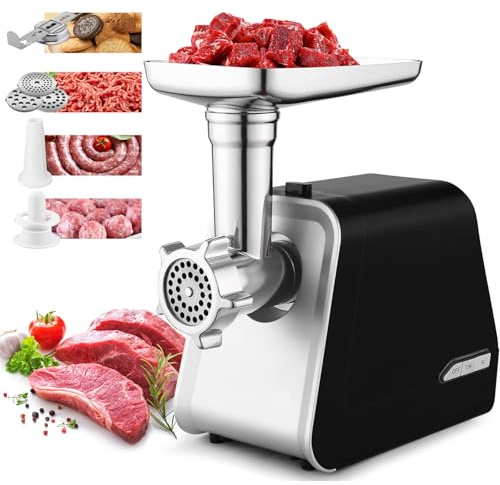 2000W Picadora de Carne Eléctrica para el Hogar 4 en 1 | Picador de carne juego de relleno de salchichas, 3 discos, juego de cubos y accesorio para galletas, Plata