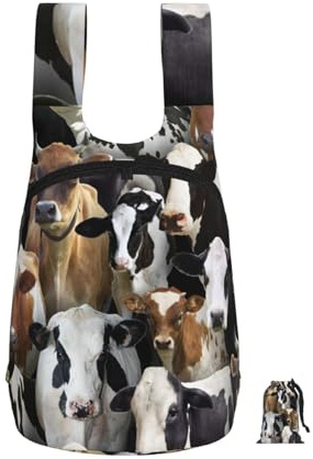 Zouey Mochila plegable de almacenamiento de poliéster, portátil, para viajes y compras, reutilizable, con cremalleras, animales de granja, vacas lecheras.