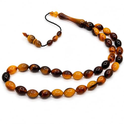 Perlin Tesbih Gebetskette 33 Perlen Harz Kehribar Bernsteinoptik 12x8 mm | Angenehme Haptik fuer Gebet Meditation Alltag Herren Accessoire und spirituelle Momente im tuerkischen Stil