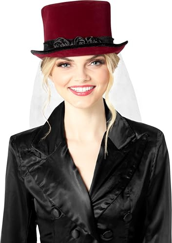 Rubies Burgundy Top Hat with Lace Veil for Adults, Women's No Size