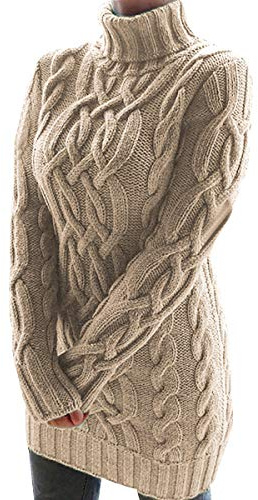 Turtle Neck Long Jumpers Dresses For Women Oversized Cable Knit Jumper Dress Women Ladies Knitted Jumpers Womens High Neck Sweater For Women Pullover Sweaters Pullovers Thick Fitted Plain Khaki L