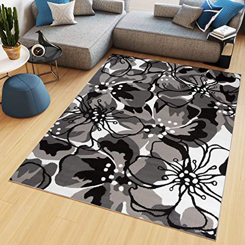 TAPISO Maya Kollektion Teppich Wohnzimmer Kurzflor Modern Floral Blumen Design Schwarz Grau Weiß Schlafzimmer Kinderzimmer ÖKOTEX 130 x 190 cm