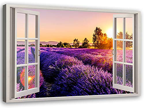Feeby Impression sur Toile Intissé Illusion De Fenêtre Coucher De Soleil Sur Un Champ De Lavande 90x60 cm Image Moderne Tableau Déco Mural Salle De Séjour 3D violet