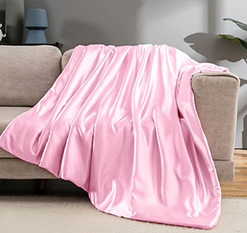 Vonty Satin Throw Blanket Blush Pink Satin Blankets 60x80 Inches, Cooling & Silky Wrinkle-Free Cable Knit Throw for Couch, Sofa, Bed, Outdoor