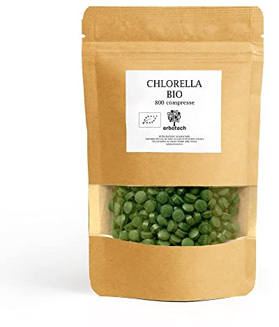 ERBOTECH, 800 Chlorella BIO Tabletten, Reine Chlorella Algenkapseln in der 200g Packung, Reich an Eisen, Omega 3 und Vitamin B12, Glutenfrei, Für Vegetarier und Veganer geeignet