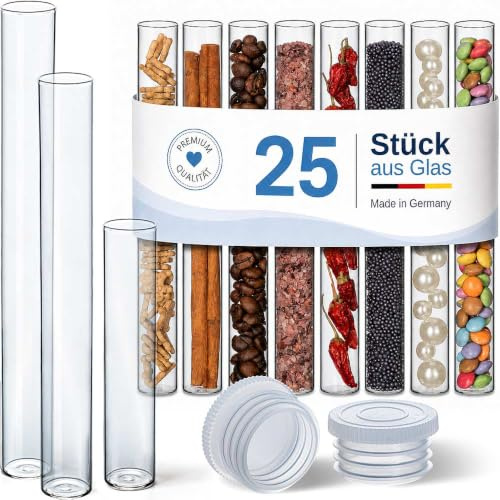 Tuuters Reagenzglas mit Verschluss in weiß 25 Stück (180 x Ø20mm) aus Glas | Reagenzgläser in 3 Größen: Flachbodengläser für Gewürze, Blumen, Samen, Deko - Reagenzgläschen als Geschenk zur Hochzeit