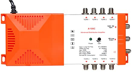 Benkeg Amplificador de distribución profesional de 8 vías con IRS Loop-through TV terrestre y amplificador de distribución de radio 87-2350MHz Amplificador de señal de antena de TV Bajo nivel de ruido