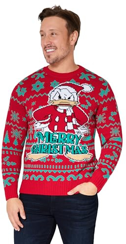 Disney Natale Maglione Uomo, Girocollo con Maniche Lunghe Pullover - Regalo Uomo e Adolescente (Rosa Donald Duck, M)