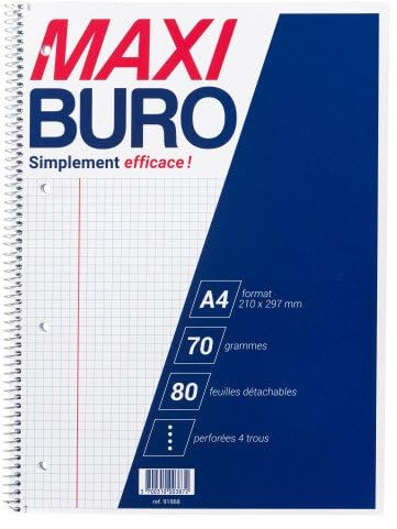 Cahier à spirales A4 21 x 29,7 cm petits carreaux 80 feuilles - Maxiburo