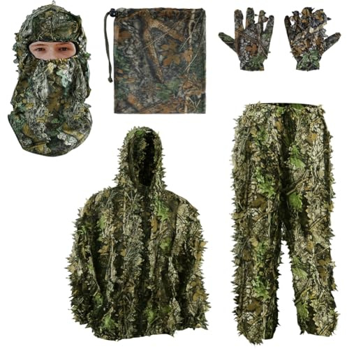PELLOR Mono de Camuflaje Ghillie 3D, Traje de Camuflaje Jungle Ghillie Traje de Camuflaje Boscoso Ropa con Gorras y Camuflaje Guantes para Caza Camping Oculto