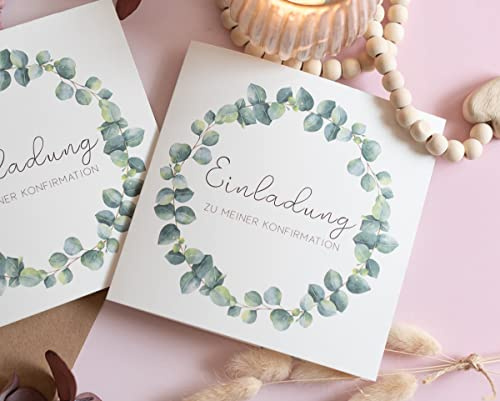 Einladungskarte Eukalyptus - zur Konfirmation, Kommunion für Mädchen oder Junge - quadratische Klappkarten inkl. Umschlag (Konfirmation Set 15 Stück)