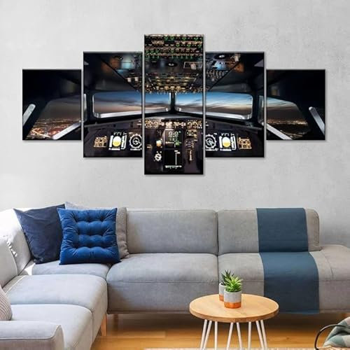 WKXTECZT Leinwand Bilder 5 Teilig Flugzeug Cockpit Kontrollen Wandbilder Wohnzimmer Modern Bilder, Poster, Kunstdrucke Büro Flur Bad Küchebilder -Ungerahmt