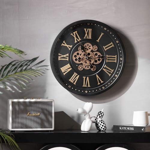 K&L Wall Art 46cm große Zahnrad Wanduhr industrielle Wohnzimmeruhr XXL Vintage Metalluhr bewegliche Zahnräder schwarz-Gold