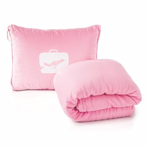 Amexo Reisedecke Kissen 2 in 1, Weich Warm Reisedecke und Kissen mit Kissenbezug, Ultraleicht Tragbare Reise Decke für Flugreisen Geschäftsreisen Büro (Rosa)