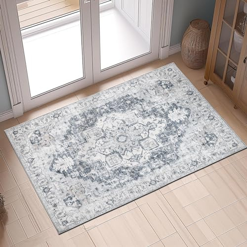 TOPICK Fußmatte 60x90cm Waschbar Fussmatte Innen Kurzflor Retro Grau Blume Orientalischer Teppich Antibakterieller Faltbar rutschfest Dünn Türmatte für Haustür Eingangs Küche Flur Schlafzimmer
