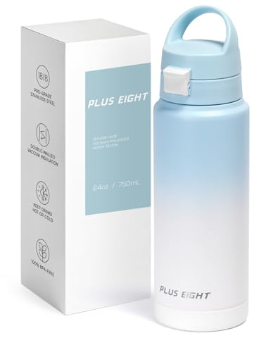 pluseight Insulated Water Bottle, 750ml(24oz) Leak Proof 18/8 Stainless Steel Vacuum Tumbler, Stainless Steel Water Bottle Wide Mouth for Sports, Gym or Office, BPA-Free Keep Cold 24H Hot 12H (Wathet)